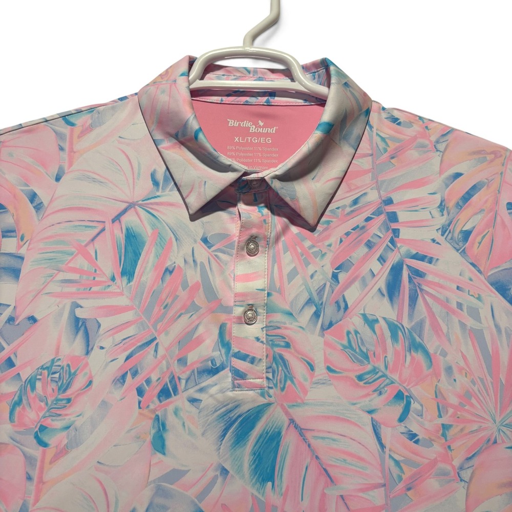 Birdie Bound Mens XL Tropical Palm Leaf Golf Polo Shirt Pink Blue Performance